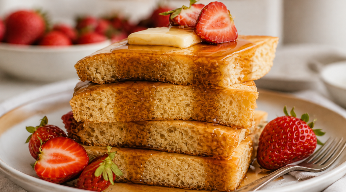 Sheet-pan pancakes topped with butter, maple syrup, and strawberries