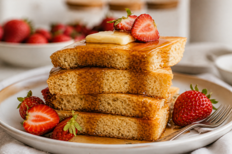 Sheet-pan pancakes topped with butter, maple syrup, and strawberries