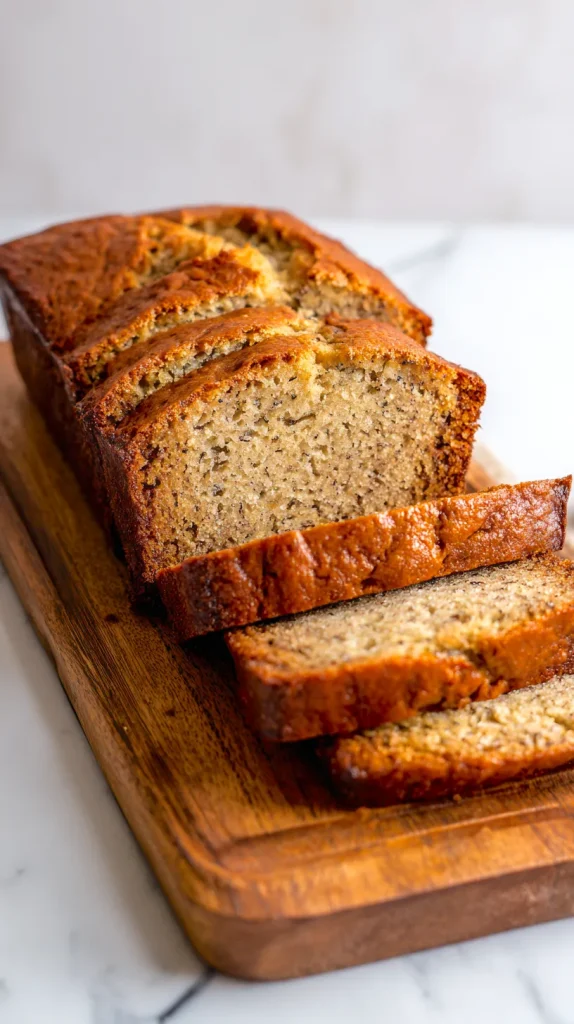 Sliced banana bread on a cutting board