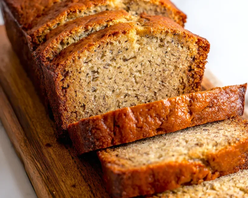 Sliced banana bread on a cutting board