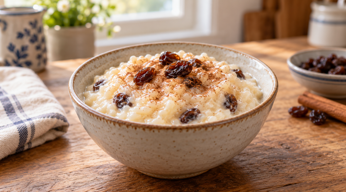 Creamy cinnamon-raisin rice pudding in a ceramic bowl, topped with plump raisins and a dusting of cinnamon