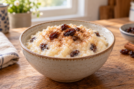 Creamy cinnamon-raisin rice pudding in a ceramic bowl, topped with plump raisins and a dusting of cinnamon