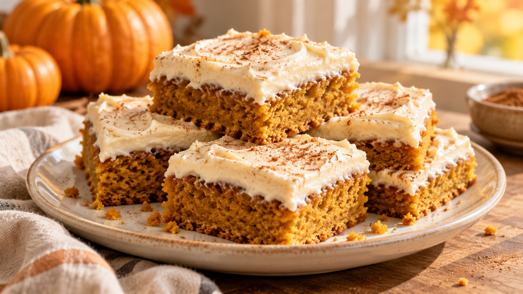 Pumpkin bars topped with spiced cream cheese frosting