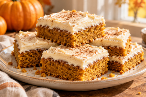 Pumpkin bars topped with spiced cream cheese frosting