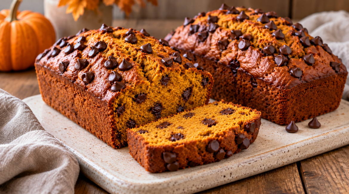 Fully baked pumpkin bread loaves with chocolate chips only