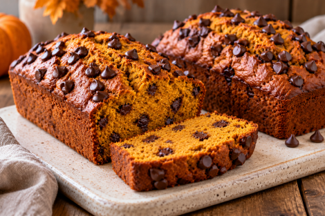 Fully baked pumpkin bread loaves with chocolate chips only