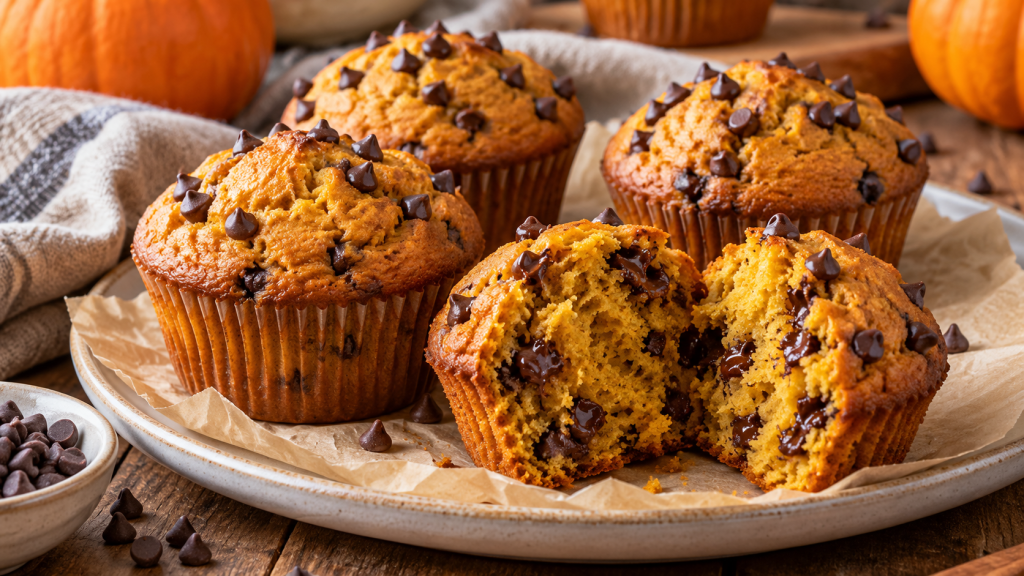Pumpkin muffins with mini chocolate chips, one broken open to show the crumb