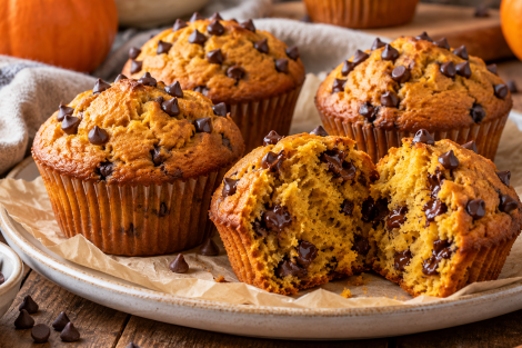 Pumpkin muffins with mini chocolate chips, one broken open to show the crumb