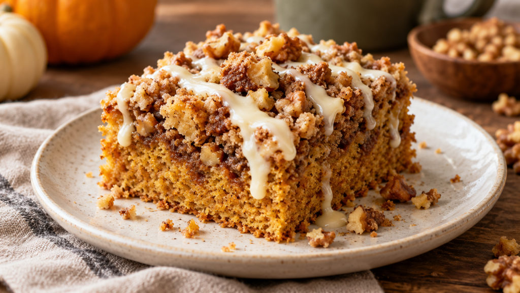 Pumpkin coffee cake with walnut streusel and cream cheese glaze