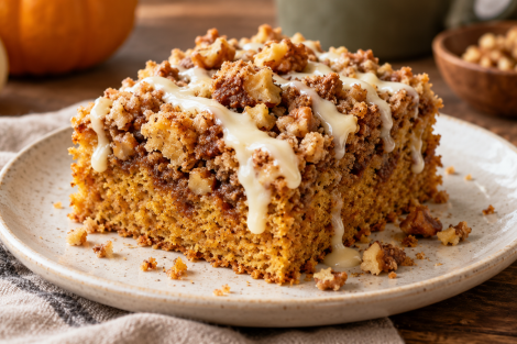 Pumpkin coffee cake with walnut streusel and cream cheese glaze