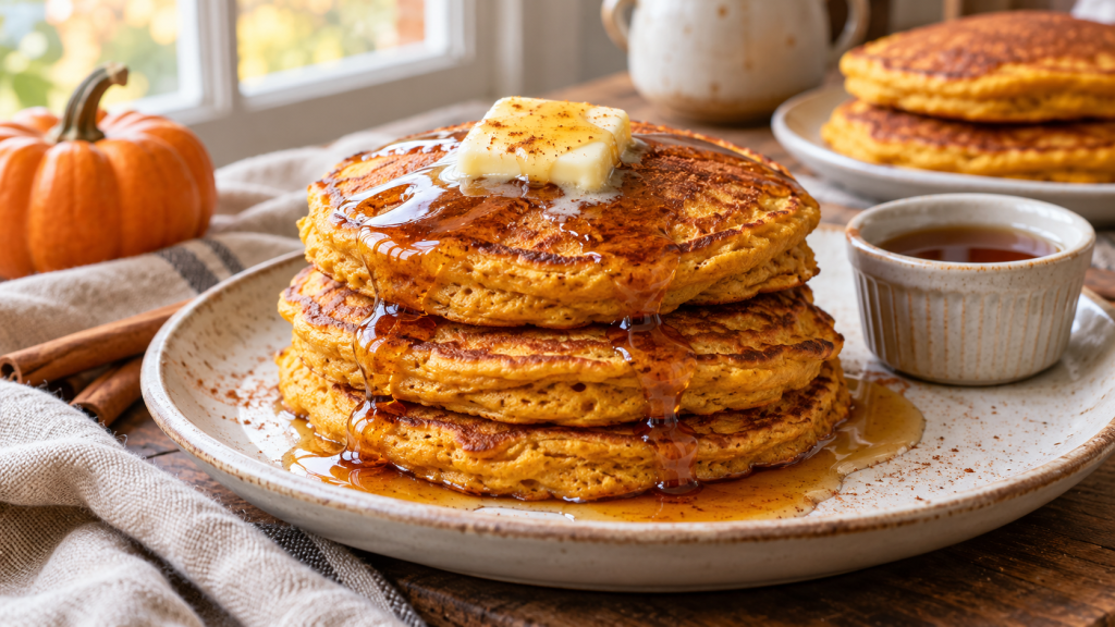 Stack of fluffy pumpkin pancakes topped with butter and maple syrup