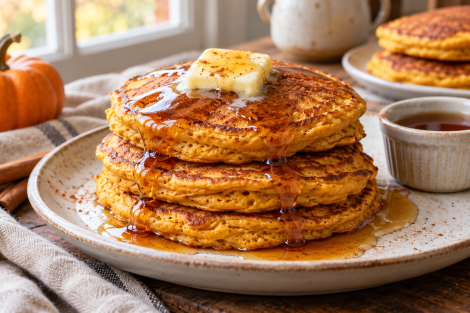 Stack of fluffy pumpkin pancakes topped with butter and maple syrup