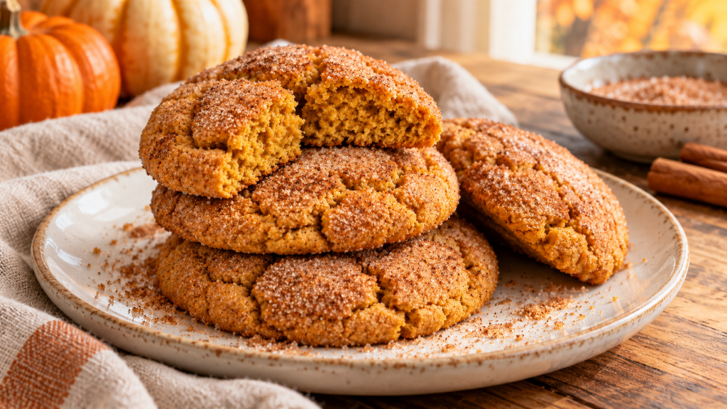 Fully baked pumpkin snickerdoodle cookies with golden, set centers and cinnamon sugar tops