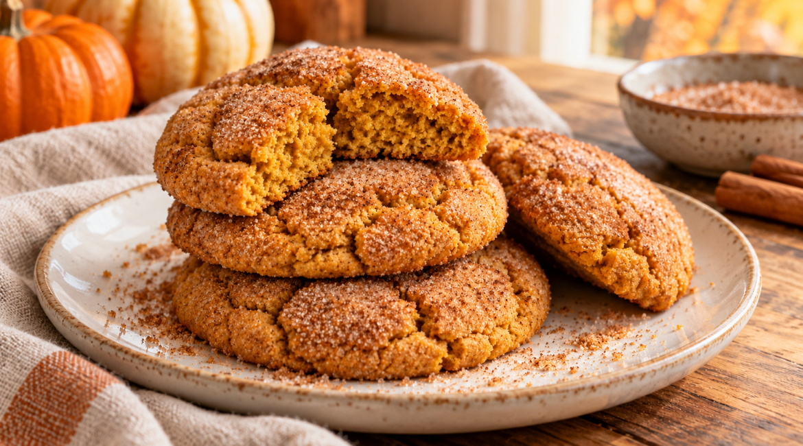 Fully baked pumpkin snickerdoodle cookies with golden, set centers and cinnamon sugar tops
