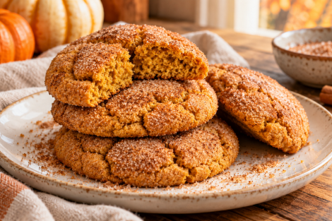 Fully baked pumpkin snickerdoodle cookies with golden, set centers and cinnamon sugar tops
