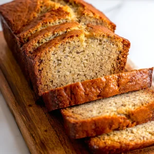 Sliced banana bread on a cutting board
