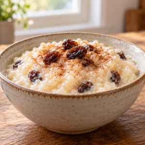 Creamy cinnamon-raisin rice pudding in a ceramic bowl, topped with plump raisins and a dusting of cinnamon