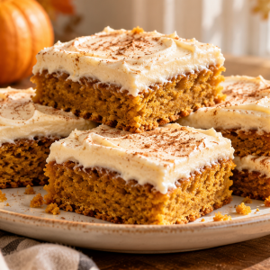 Pumpkin bars topped with spiced cream cheese frosting