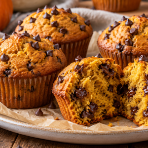Pumpkin muffins with mini chocolate chips, one broken open to show the crumb