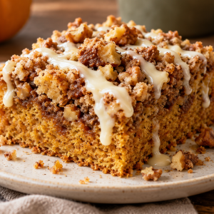 Pumpkin coffee cake with walnut streusel and cream cheese glaze