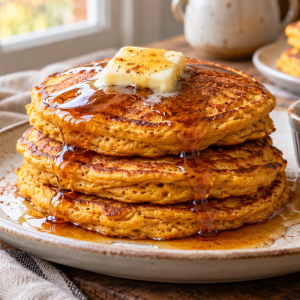 Stack of fluffy pumpkin pancakes topped with butter and maple syrup
