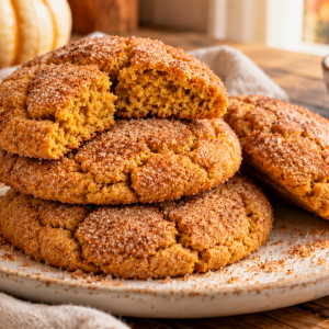 Fully baked pumpkin snickerdoodle cookies with golden, set centers and cinnamon sugar tops