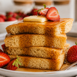 Sheet-pan pancakes topped with butter, maple syrup, and strawberries